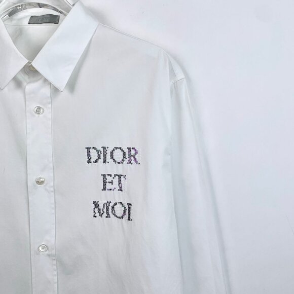 Dior White Cotton & Polyester Embroidered Button-Down Shirt Size 40 - Picture 3 of 7